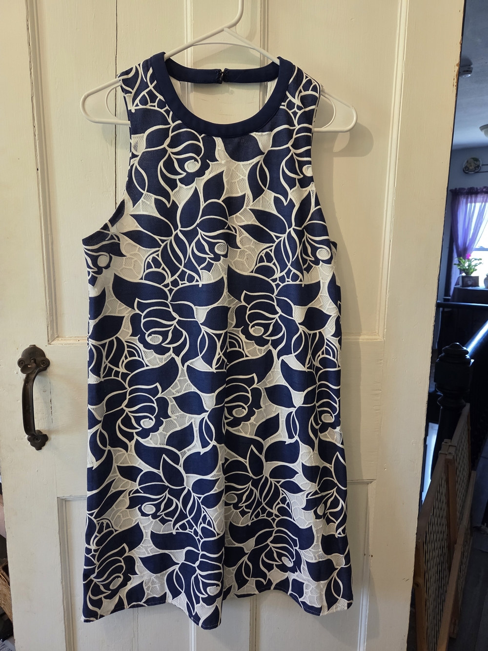 Sleeveless Navy and White Floral Shift Dress